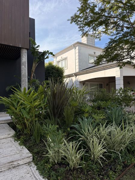 Cantero con plantas de follaje variegado en la entrada de una casa